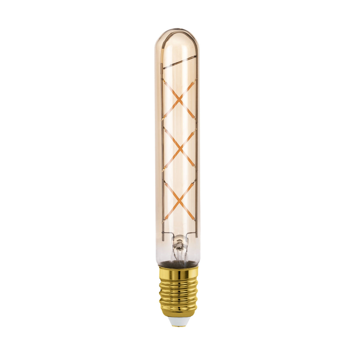 Tubular amber glass LED filament bulb with E27 screw cap, crossed X-shaped filaments visible inside, gold-finished cap, on a plain white background.