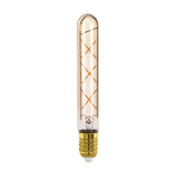 Tubular amber glass LED filament bulb with E27 screw cap, crossed X-shaped filaments visible inside, gold-finished cap, on a plain white background.