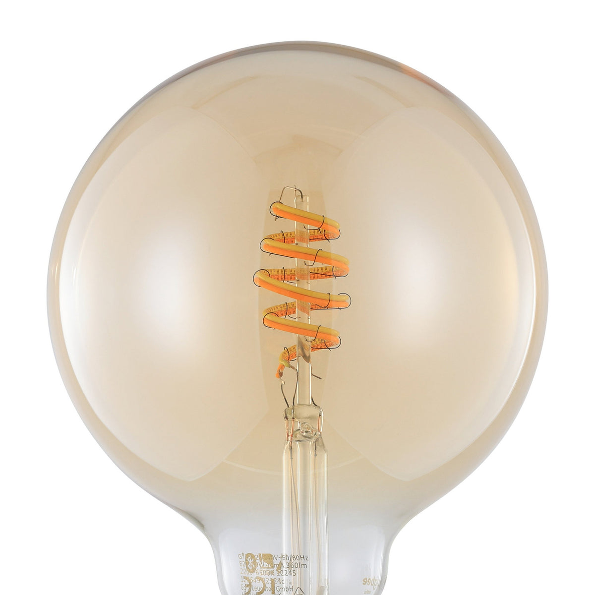 Close-up of a smart amber glass G125 globe bulb with a spiral LED filament and E27 brass-coloured screw base, shown against a white background.