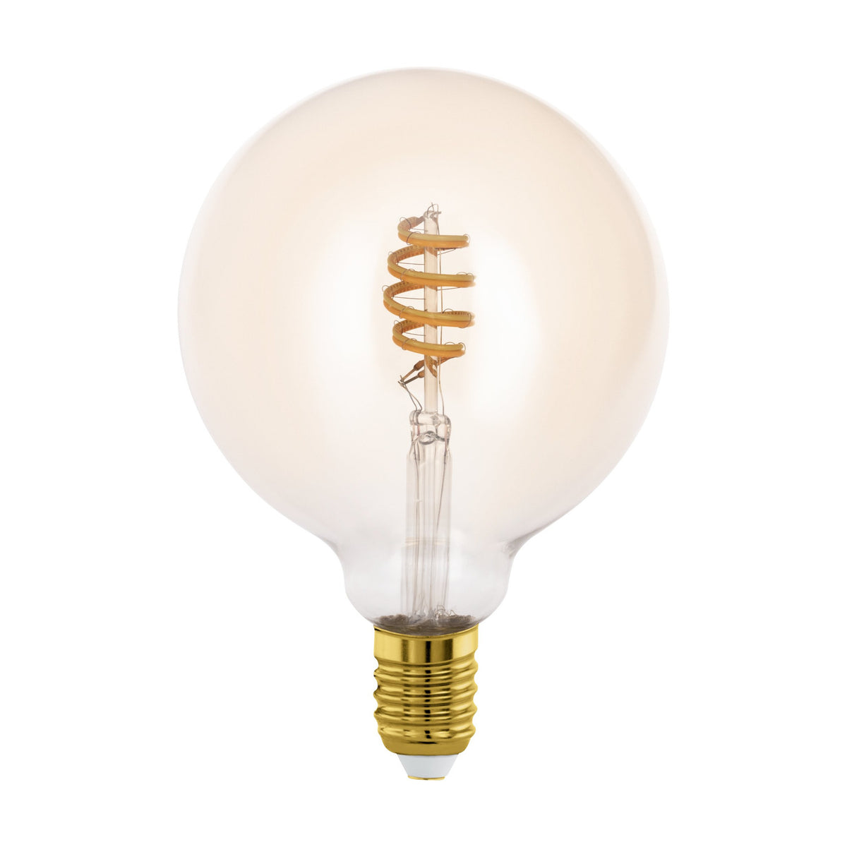 Smart Amber LED Globe Bulb G125 with spiral filament and brass-coloured E27 screw base, shown on a plain white background.