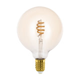 Smart Amber LED Globe Bulb G125 with spiral filament and brass-coloured E27 screw base, shown on a plain white background.