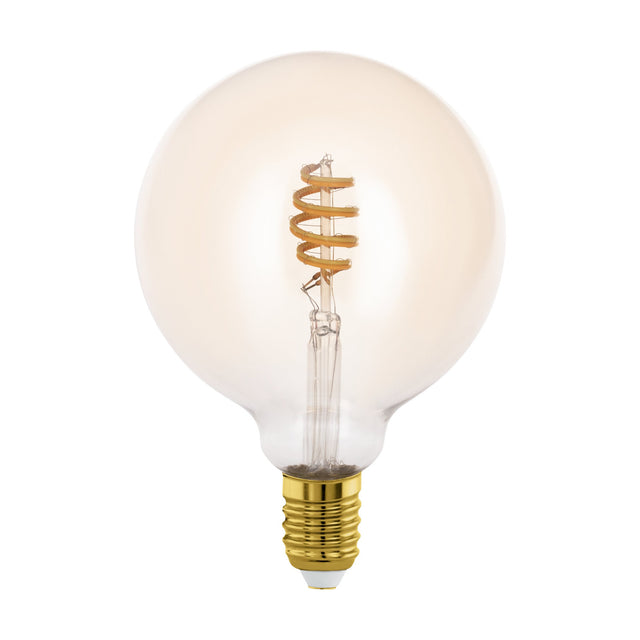 Smart Amber LED Globe Bulb G125 with spiral filament and brass-coloured E27 screw base, shown on a plain white background.