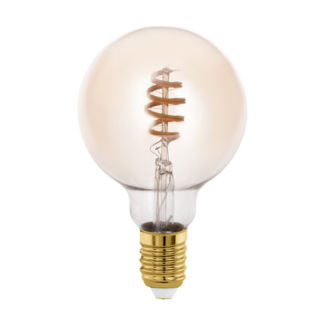 Smart Amber LED Globe Bulb E27 G95 7W, with visible spiral filament inside a round amber-tinted glass globe and brass-coloured E27 fitting, shown on a plain white background.