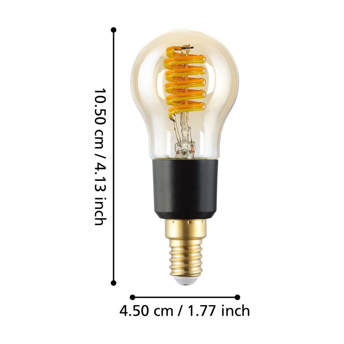 Smart amber glass E14 golf ball bulb with visible spiral LED filament, black collar and brass-coloured screw cap, shown with dimension labels of 10.50cm height and 4.50cm width on a white background.