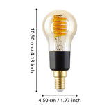 Smart amber glass E14 golf ball bulb with visible spiral LED filament, black collar and brass-coloured screw cap, shown with dimension labels of 10.50cm height and 4.50cm width on a white background.