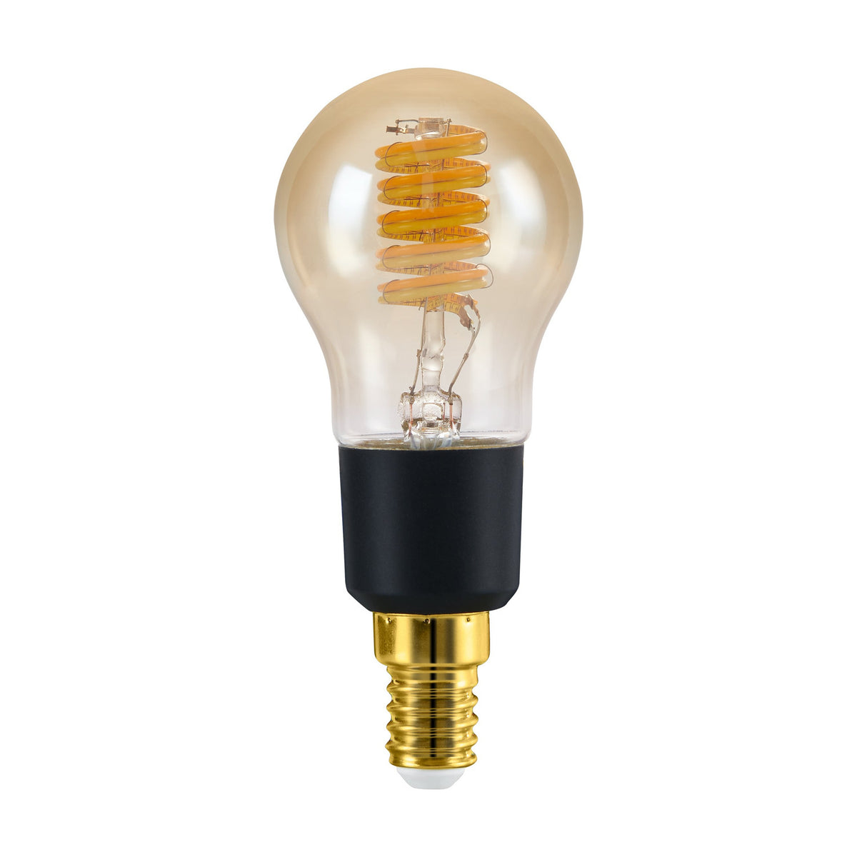 Smart Amber LED Golf Ball Bulb E14 P45 with spiral filament, black collar and brass-coloured screw cap, shown on a plain white background.