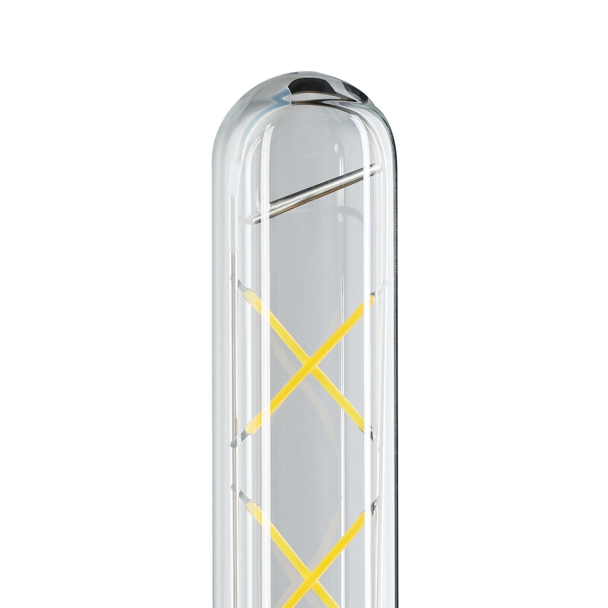 Close-up of a Smart Clear LED Bulb E27, slim tubular glass design with crossed warm white filaments visible inside, on a plain white background.