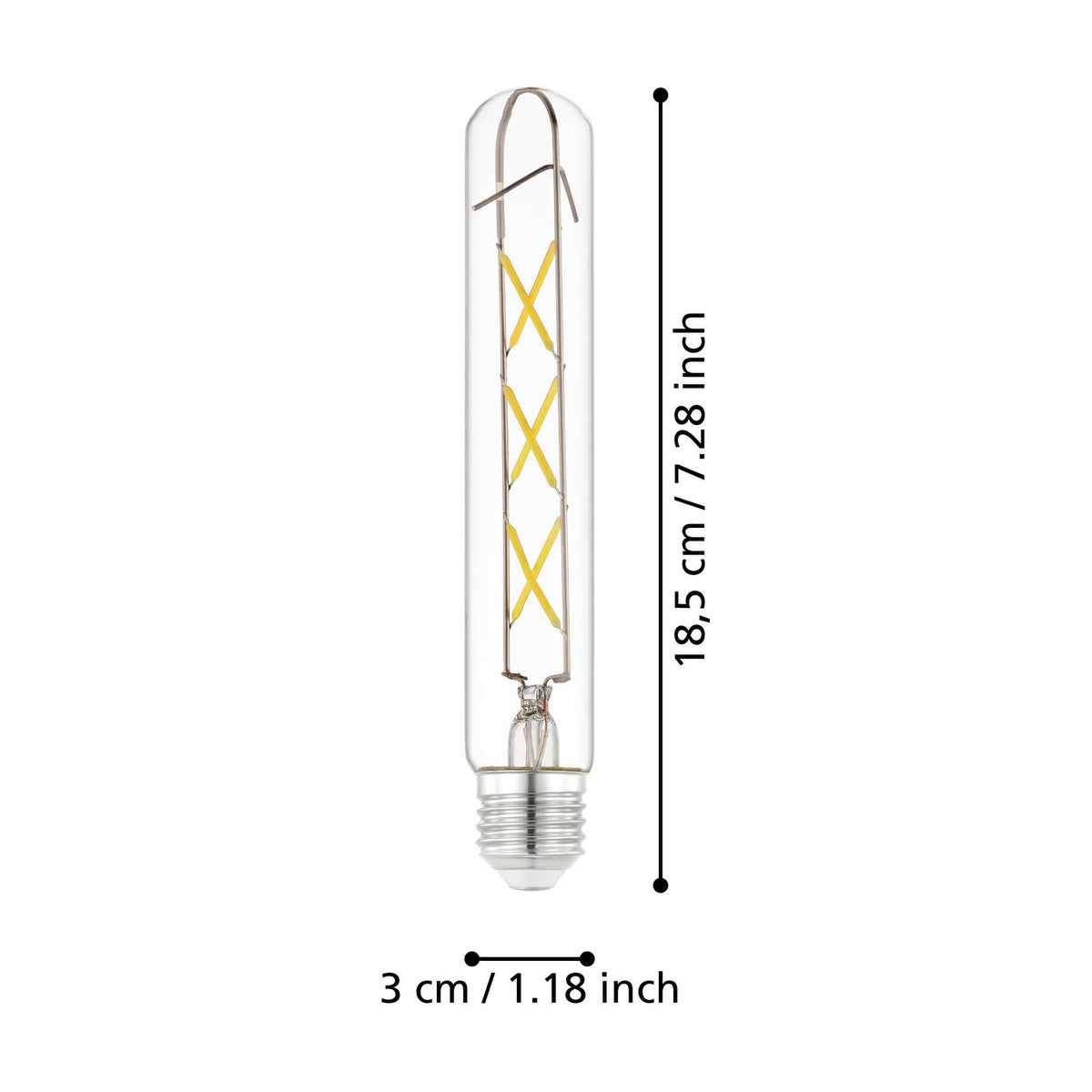 Slim tubular clear glass LED bulb with E27 screw cap and crossed filament design, shown with dimensions 18.5cm length and 3cm diameter on a white background.