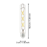 Slim tubular clear glass LED bulb with E27 screw cap and crossed filament design, shown with dimensions 18.5cm length and 3cm diameter on a white background.