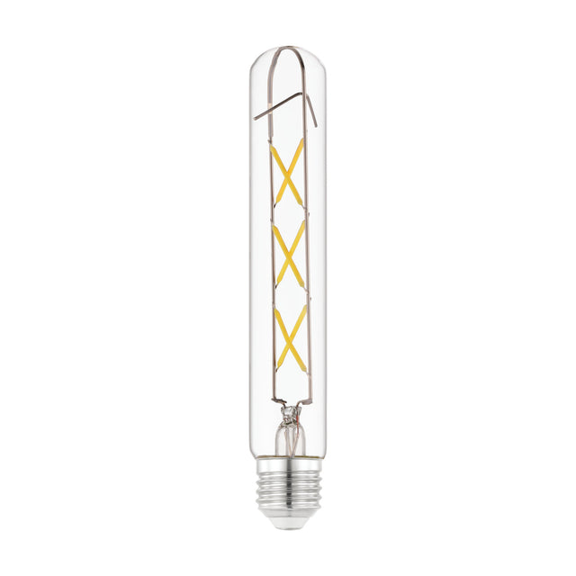 Slim tubular clear glass LED bulb with E27 screw cap and crossed warm white filament design, shown on a plain white background.