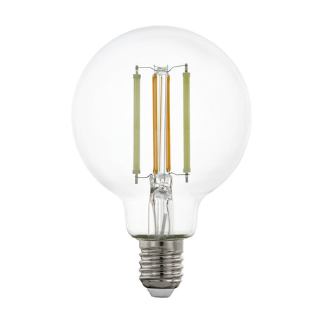 Smart Clear LED Globe Bulb E27 G80 8W with four upright filaments visible inside clear glass and a metal screw cap, shown on a plain white background.
