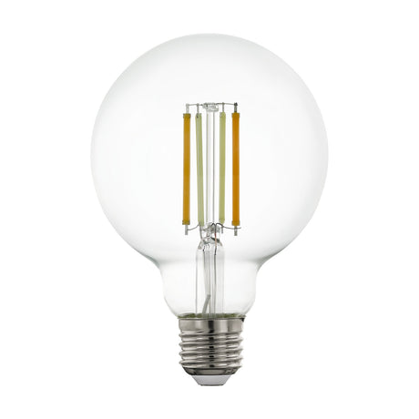 Smart Clear LED Globe Bulb E27 G95 8W CCT with visible amber and white filaments and a chrome-tone screw cap, shown on a plain white background.