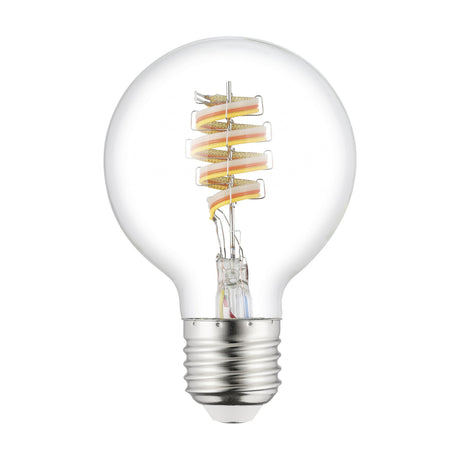 Smart colour-changing LED globe bulb, G80 shape with clear glass and a spiral filament, E27 screw fitting, shown on a plain white background.