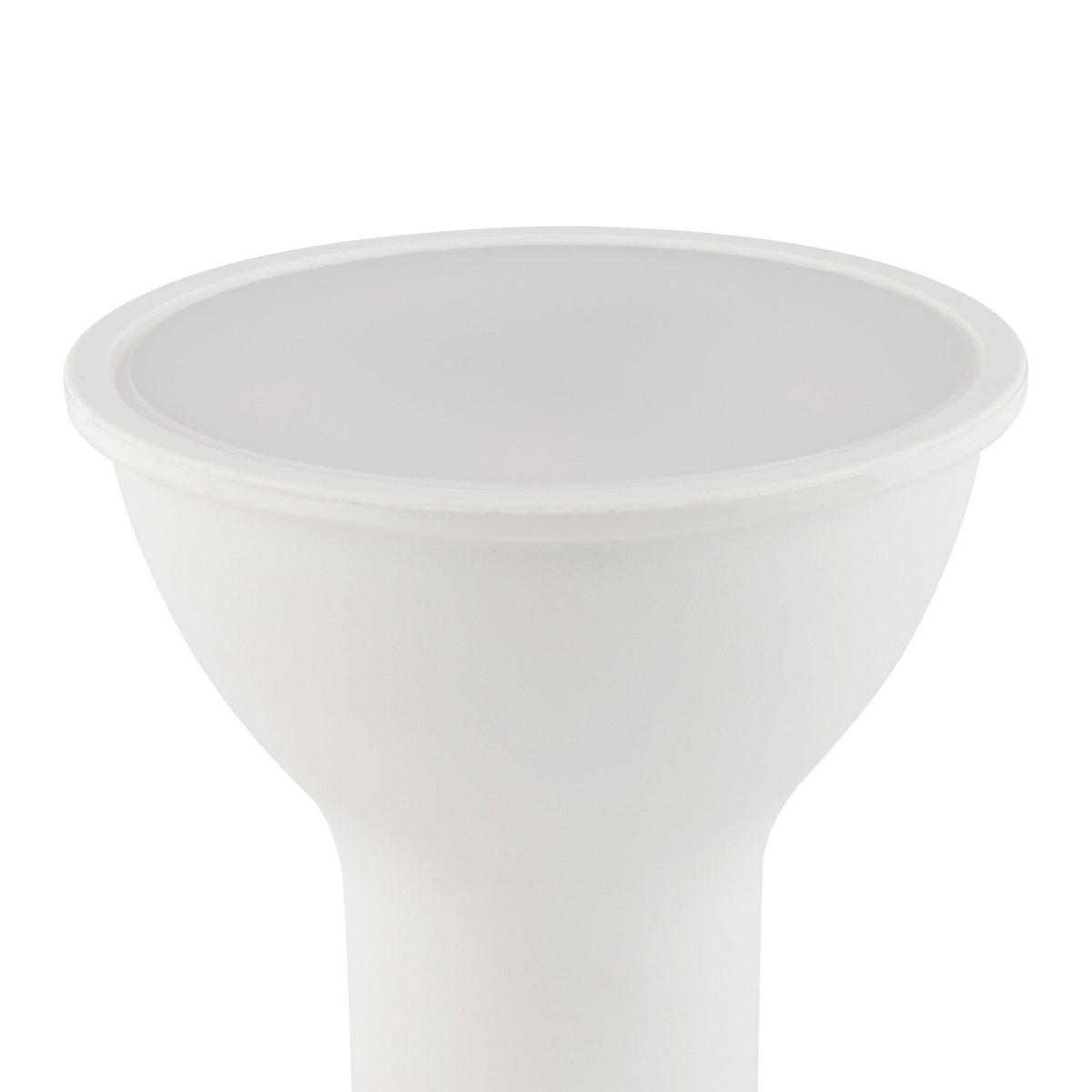 Close-up of a GU10 LED spotlight bulb with white body, frosted lens, and two-pin cap, shown against a plain white background.