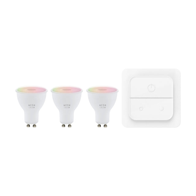 Pack of 3 Smart Colour Changing LED Bulbs, GU10 fitting, white body with frosted lens, shown beside a white wall-mounted smart switch on a plain background.