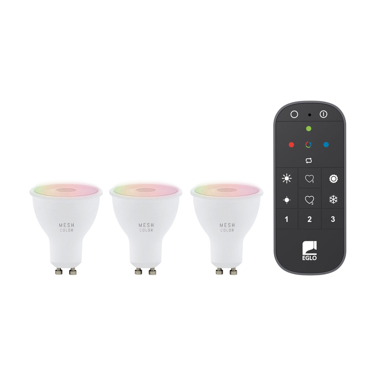 Three white GU10 smart LED bulbs with colour-changing tops shown alongside a black handheld remote with coloured buttons, on a plain white background.