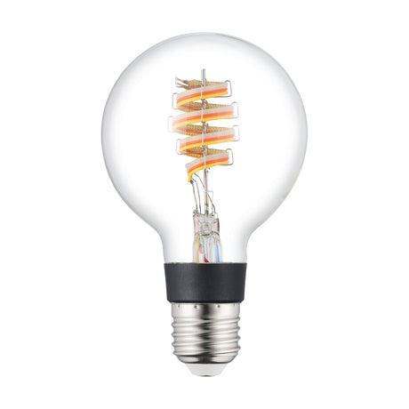 Smart LED globe bulb with clear glass G80 shade, spiral filament, black collar, and silver E27 screw cap, shown on a plain white background.