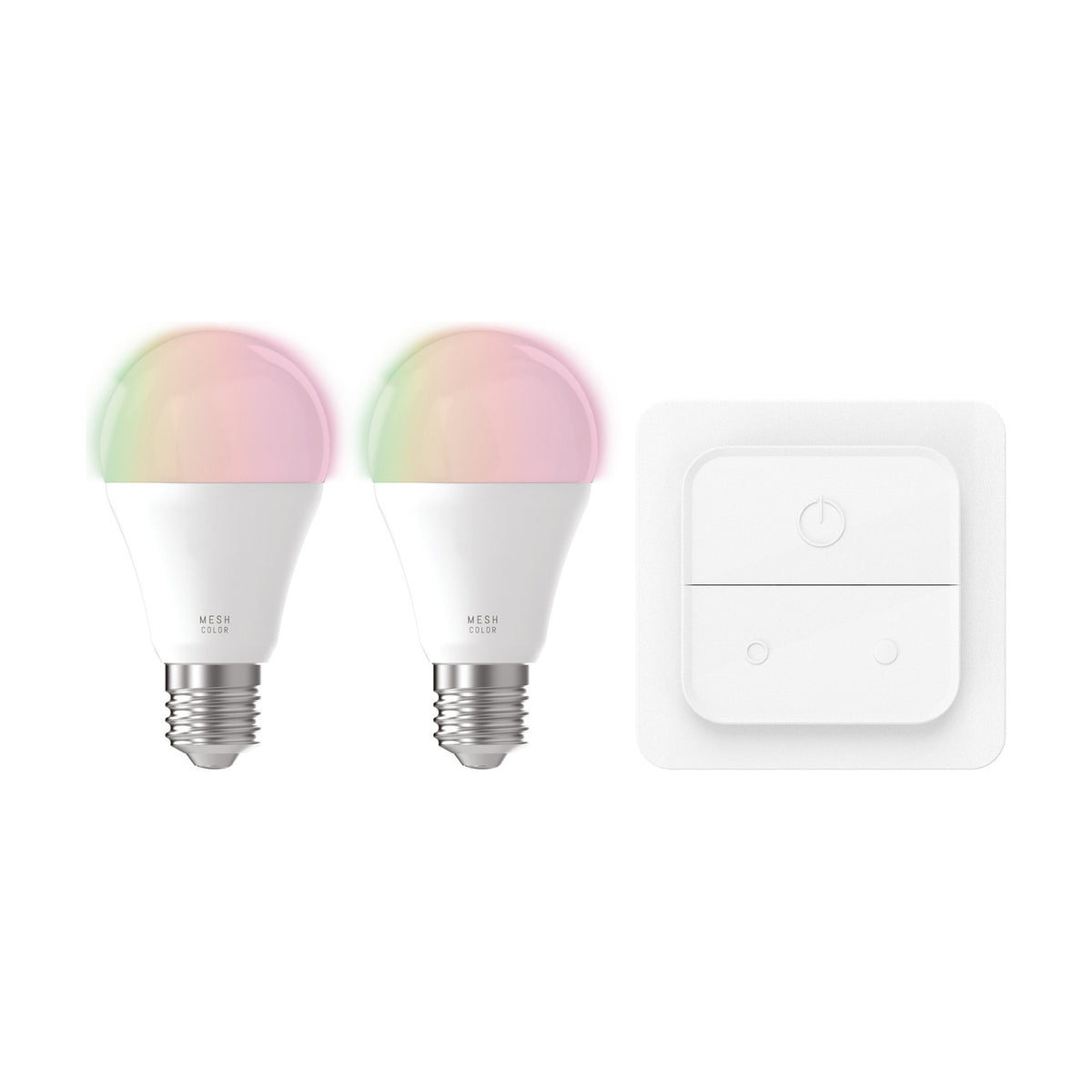 Smart Colour Changing LED GLS Bulb E27 A60 11W, pack of 2, shown with a compact wireless wall switch on a plain white background.