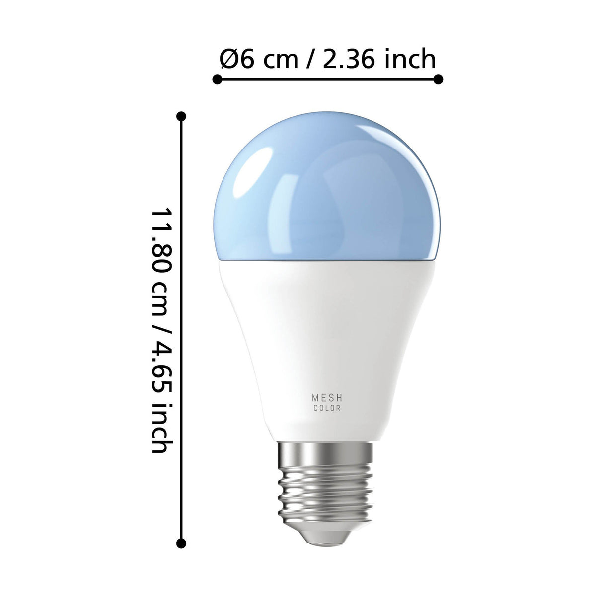 Smart LED GLS bulb, E27 screw cap, white plastic body with pale blue tinted dome top, dimension labels showing 6cm diameter and 11.8cm height on a white background.