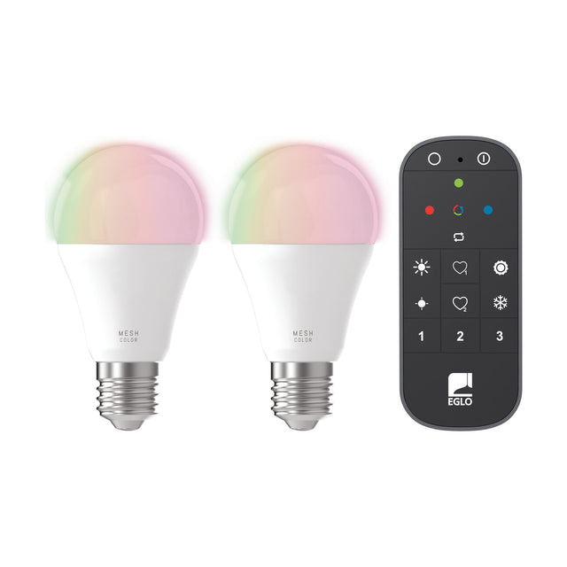 Two smart LED GLS bulbs with E27 screw caps, white plastic bodies and opal tops showing soft colour-changing hues, shown beside a black Eglo remote control on a white background.