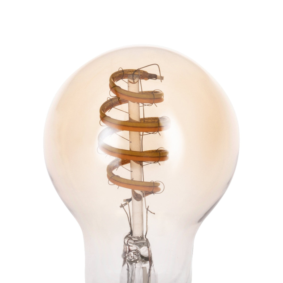 Smart LED GLS bulb, E27 fitting, amber-tinted glass with spiral filament around central stem, rounded shape, shown close-up on plain white background.