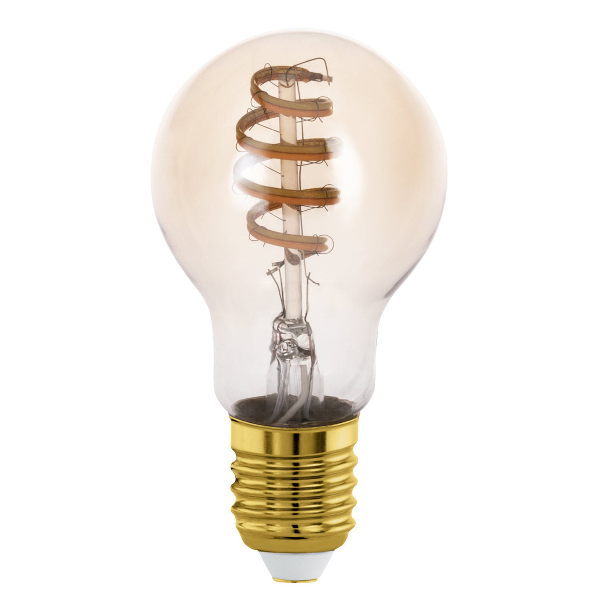 Smart LED GLS bulb with amber glass globe, spiral filament, and brass-coloured E27 screw cap, shown against a plain white background.