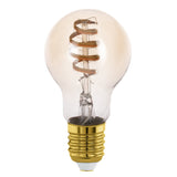 Smart LED GLS bulb with amber glass globe, spiral filament, and brass-coloured E27 screw cap, shown against a plain white background.