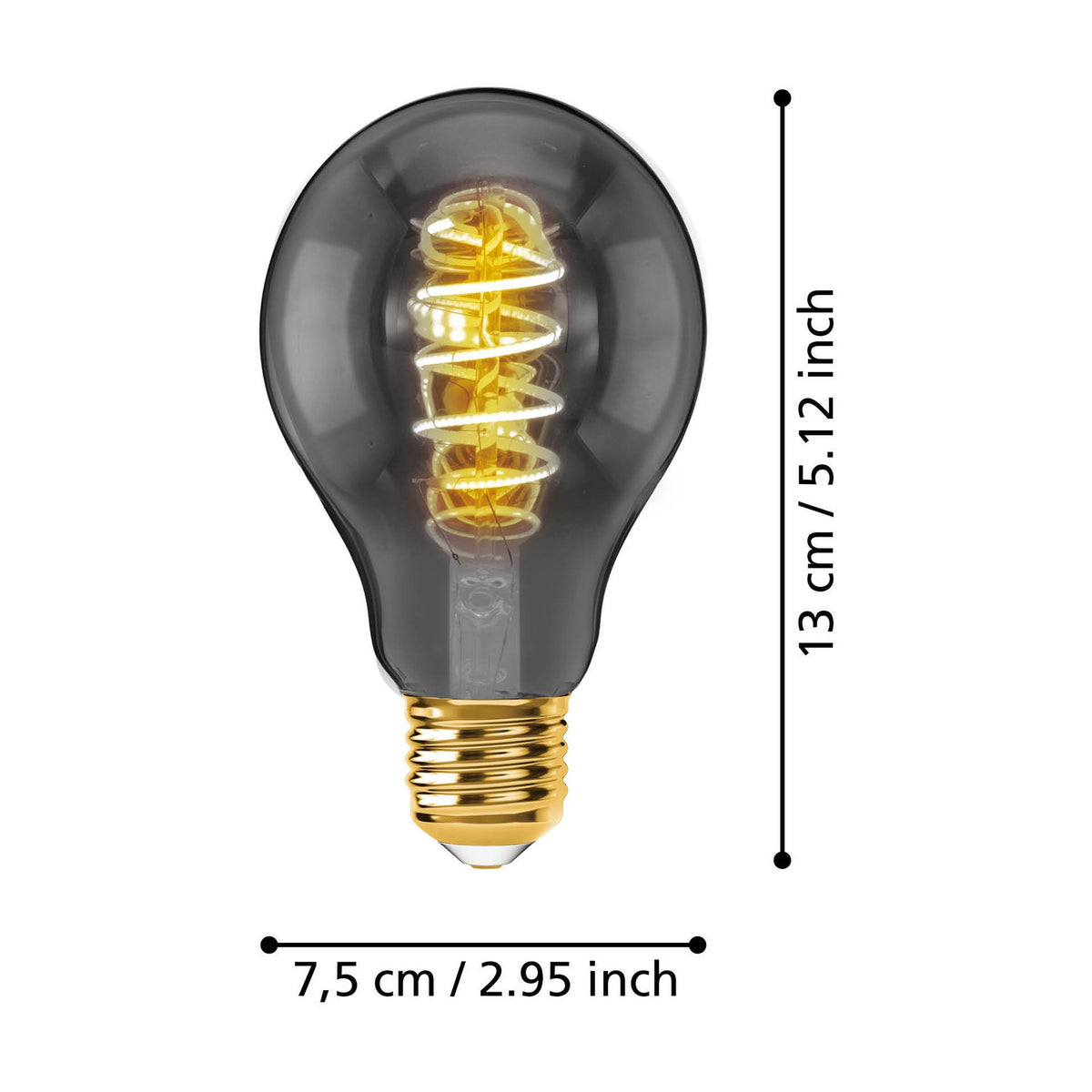 Smoked glass LED filament bulb, classic pear shape with spiral filament, brass-coloured E27 cap, shown lit with dimensions labelled 13cm x 7.5cm on a white background.