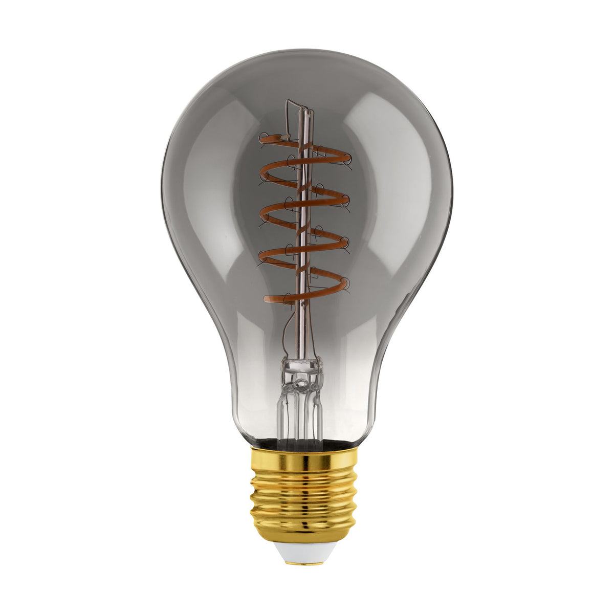Smoked glass pear-shaped LED filament bulb with a spiral filament on a central stem and brass-coloured E27 screw cap, shown on a plain white background.