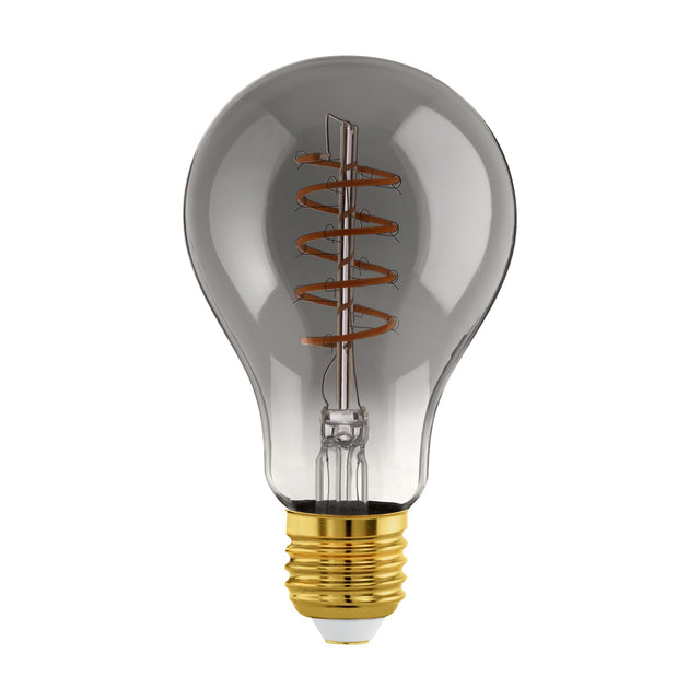 Smoked glass pear-shaped LED filament bulb with a spiral filament on a central stem and brass-coloured E27 screw cap, shown on a plain white background.