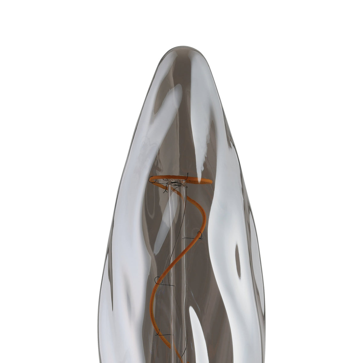 Smoked LED bulb with tall flame-shaped glass, rippled surface and spiral filament on a glass stem, E27 screw cap, shown against a plain white background.