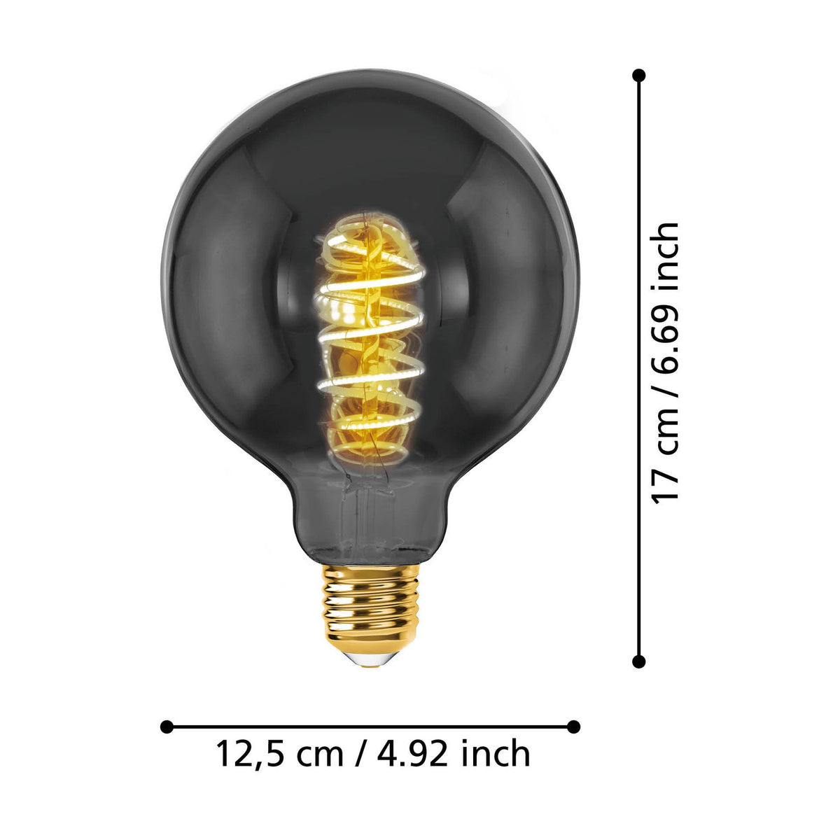 Smoked LED globe bulb (G125, E27) with spiral filament and brass-coloured screw cap, shown with dimension labels of 17cm height and 12.5cm diameter on a white background.
