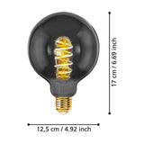 Smoked LED globe bulb (G125, E27) with spiral filament and brass-coloured screw cap, shown with dimension labels of 17cm height and 12.5cm diameter on a white background.
