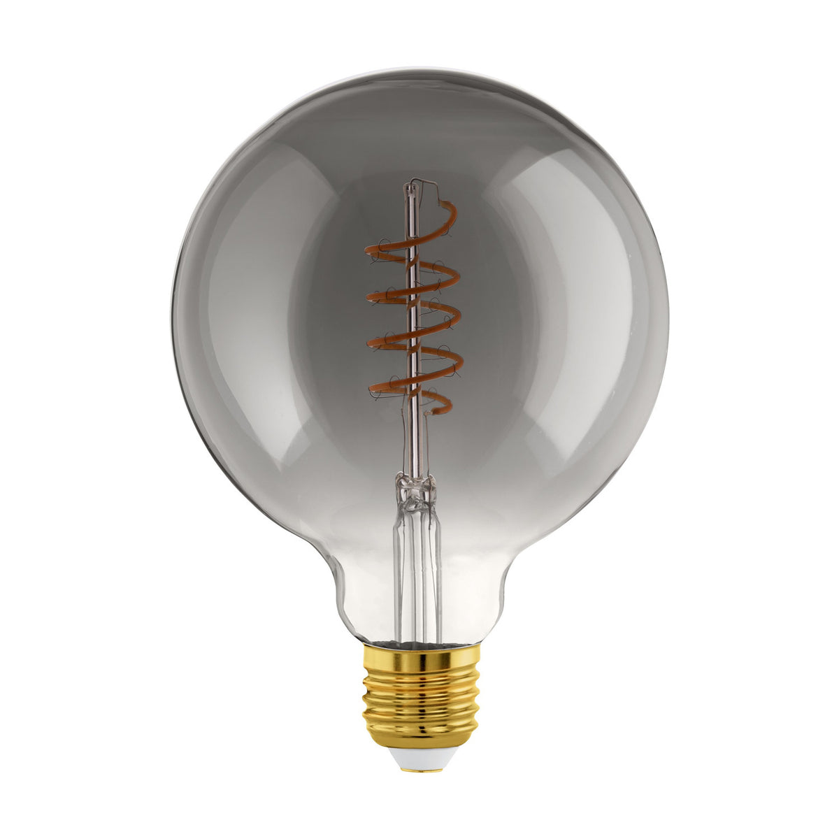 Smoked dimmable LED globe bulb, G125 shape with spiral filament and brass-coloured E27 screw cap, shown on a plain white background.