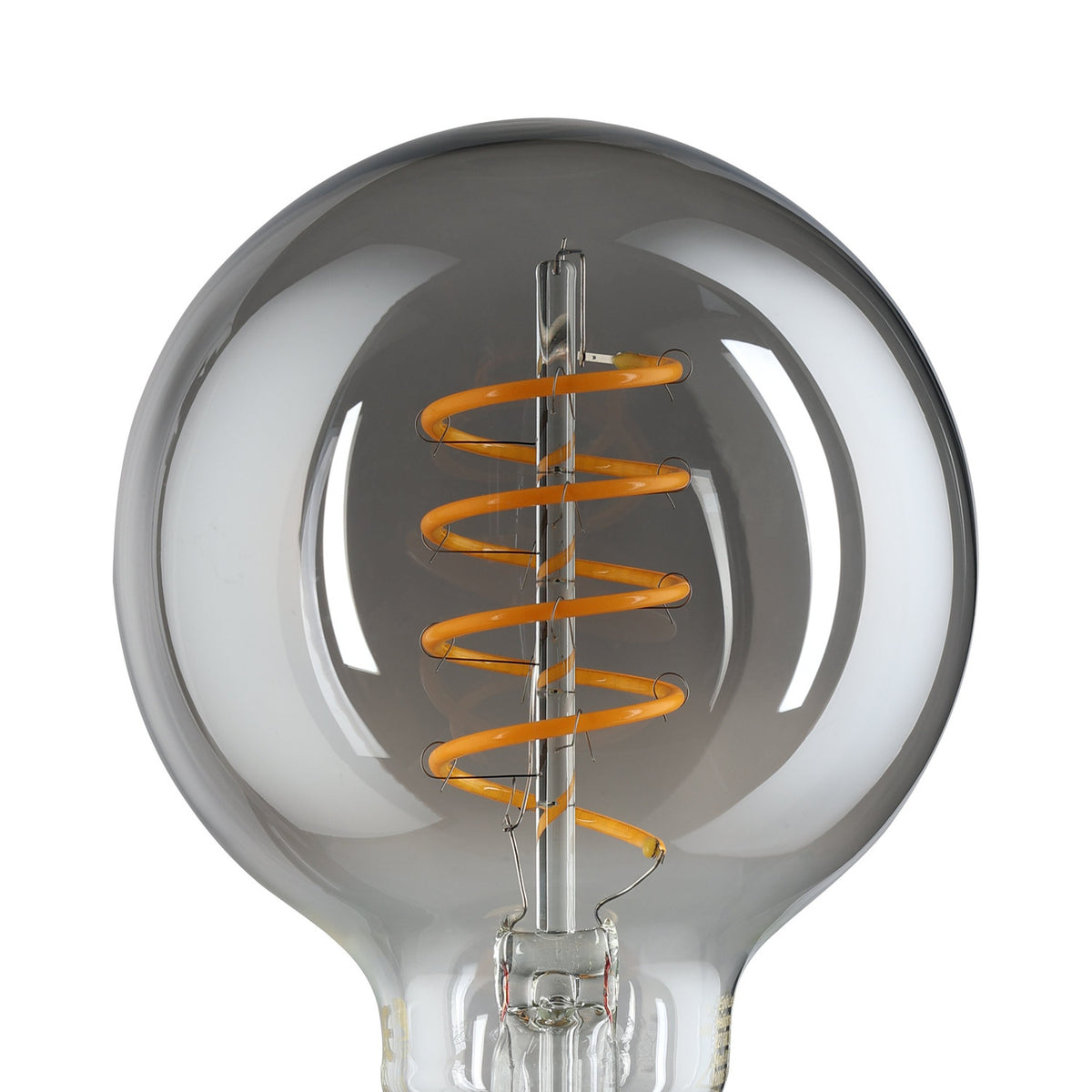 Smoked glass LED globe bulb (G80, E27) with a spiral amber filament visible inside, showing a dark transparent tint and gold screw cap against a plain white background.