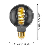 Smoked glass LED globe bulb, G80 shape with E27 gold screw cap, spiral filament visible, shown with dimension lines 12cm high and 8cm diameter on a white background.