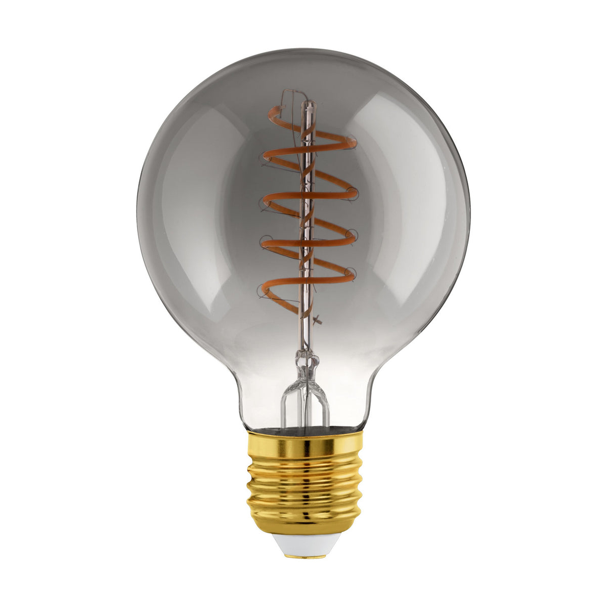 Smoked glass LED globe bulb, G80 shape, with visible spiral filament and gold E27 screw cap, dimmable, 4W warm white, shown on a plain white background.