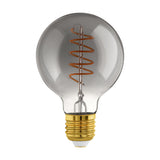 Smoked glass LED globe bulb, G80 shape, with visible spiral filament and gold E27 screw cap, dimmable, 4W warm white, shown on a plain white background.