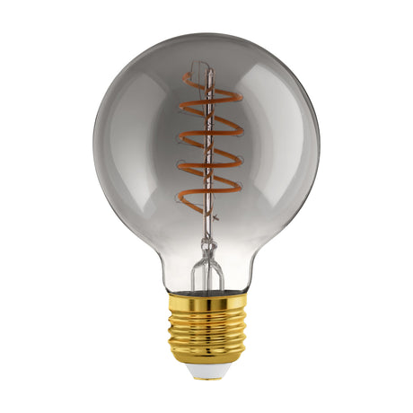 Smoked glass LED globe bulb, G80 shape, with visible spiral filament and gold E27 screw cap, dimmable, 4W warm white, shown on a plain white background.