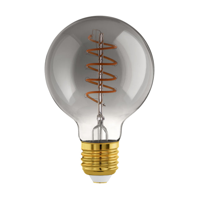 Smoked glass LED globe bulb, G80 shape, with visible spiral filament and gold E27 screw cap, dimmable, 4W warm white, shown on a plain white background.
