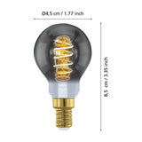 Smoked glass golf ball LED bulb with visible spiral filament and brass E14 screw cap, shown with Ø4.5cm and 8.5cm length dimensions on a white background.
