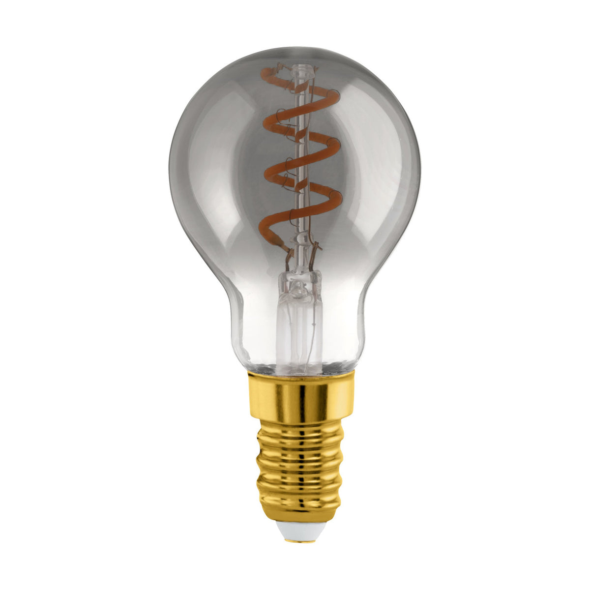 Smoked glass LED golf ball bulb with spiral filament and brass-coloured E14 screw cap, dimmable, 4W warm white, shown on a plain white background.