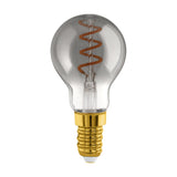 Smoked glass LED golf ball bulb with spiral filament and brass-coloured E14 screw cap, dimmable, 4W warm white, shown on a plain white background.