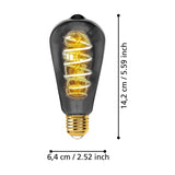 Smoked LED vintage ST64 bulb with spiral filament and brass-coloured E27 cap, shown with dimension markings of 14.2cm height and 6.4cm width on a white background.