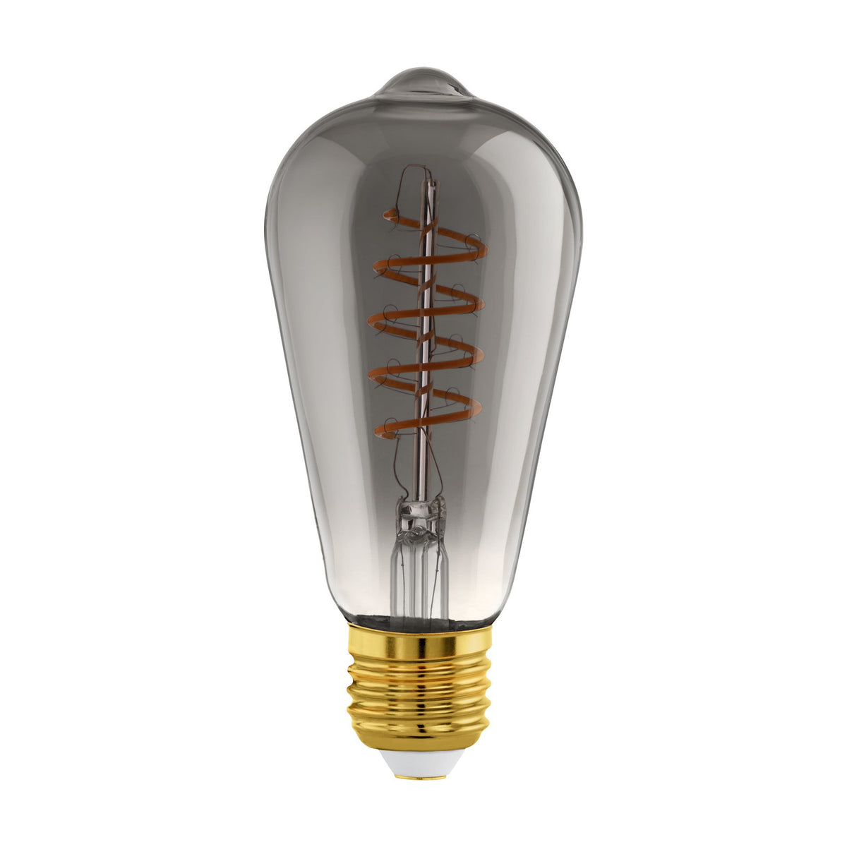Smoked LED vintage ST64 bulb with a spiral filament inside a tapered glass body and brass-coloured E27 screw cap, shown on a plain white background.