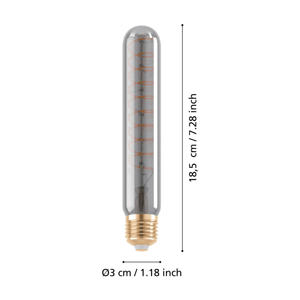 Slim tubular smoked glass LED bulb with spiral filament and brass E27 screw cap, shown on a white background with dimensions 18.5cm x Ø3cm.