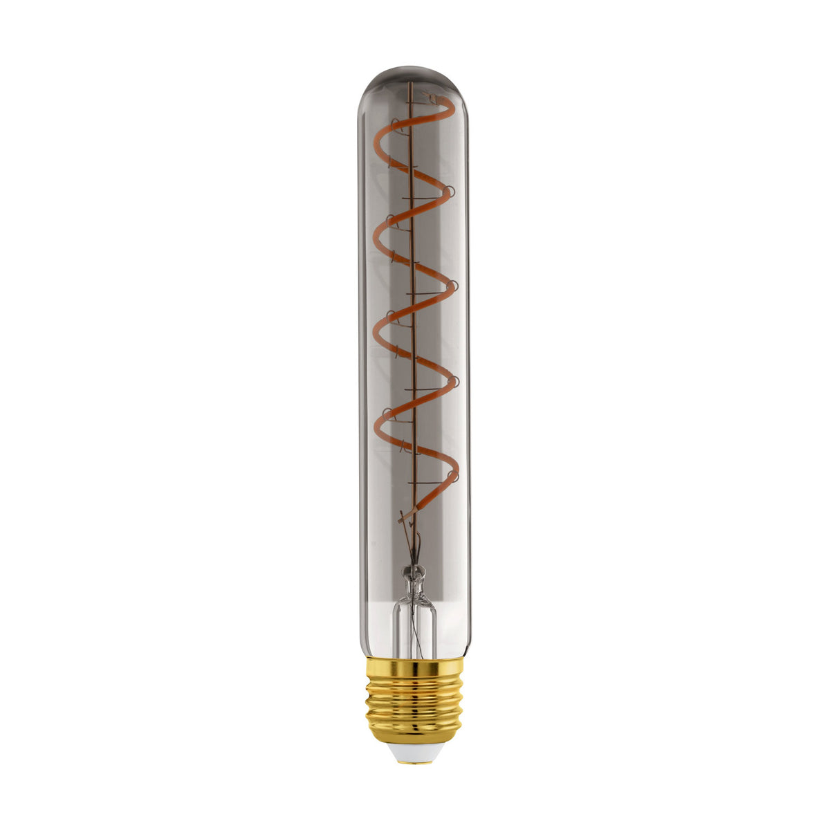 Slim tubular LED bulb in smoked glass with a spiral filament and brass-coloured E27 screw cap, shown on a plain white background.