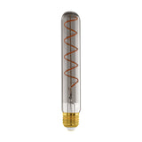 Slim tubular LED bulb in smoked glass with a spiral filament and brass-coloured E27 screw cap, shown on a plain white background.