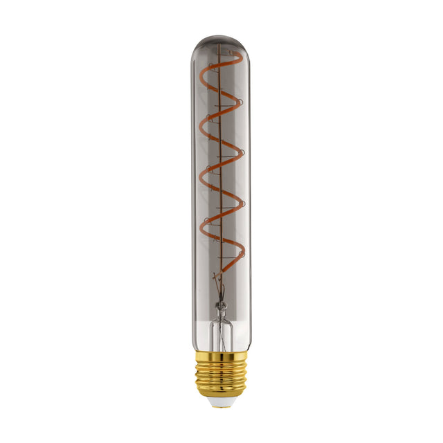 Slim tubular LED bulb in smoked glass with a spiral filament and brass-coloured E27 screw cap, shown on a plain white background.