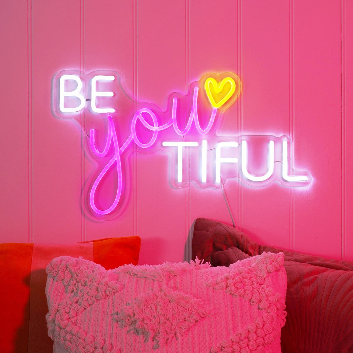 Be You Tiful USB Neon Sign Metal Wall Light-Up Decoration - Pink